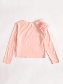 SHEIN Tween Girl Eyelash Print Layered Mesh Ruffle Trim Tee - Baby Pink - View 2