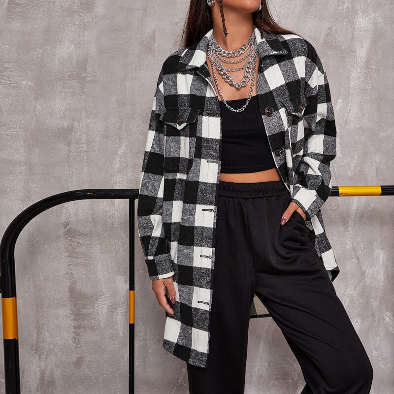 

Flap Pocket Front Buffalo Plaid Coat, Black and white
