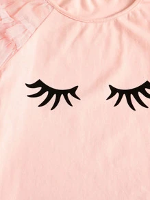 SHEIN Tween Girl Eyelash Print Layered Mesh Ruffle Trim Tee - Baby Pink - View 4