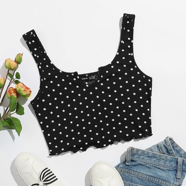 

Notch Neck Lettuce Edge Polka Dot Top, Black