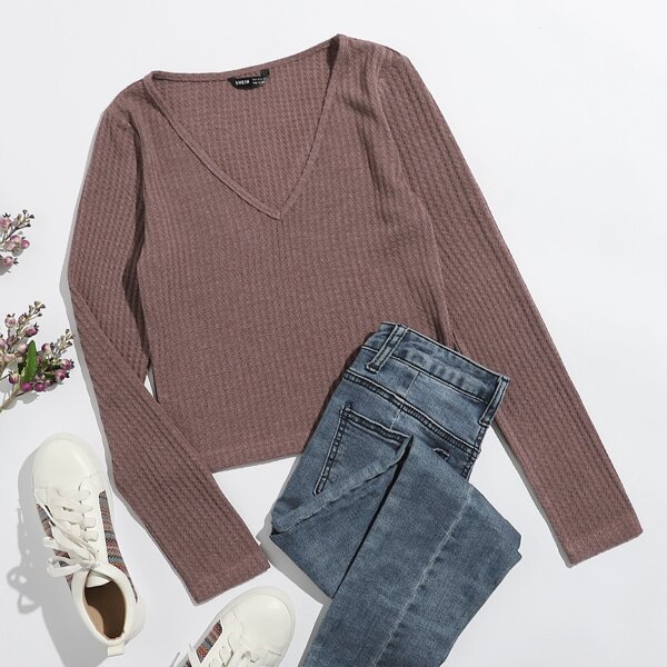 

V-neck Waffle Knit Tee, Redwood