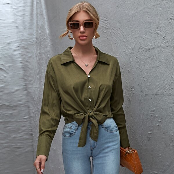 

Drop Shoulder Tie Front Button Front Blouse, Army green
