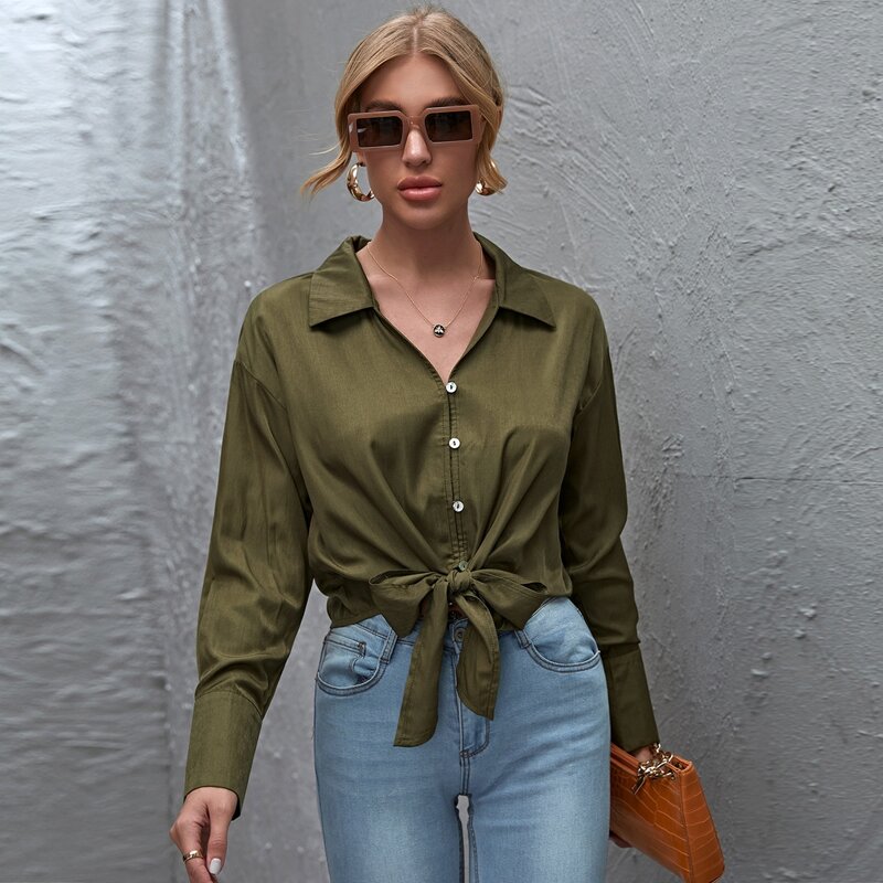 

Drop Shoulder Tie Front Button Front Blouse, Army green