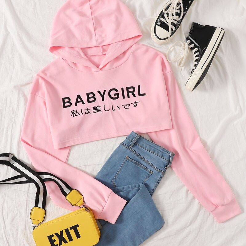 

Japanese Letter Graphic Crop Hoodie, Baby pink