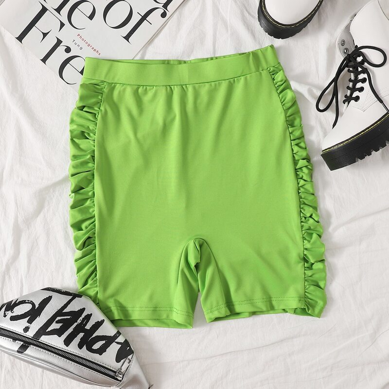 

Solid Ruched Side Biker Shorts, Lime green