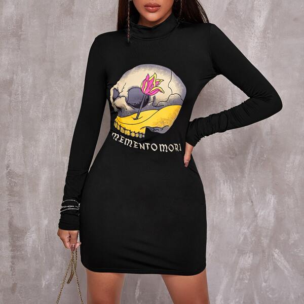 

Skull & Letter Graphic Mock Neck Dress, Black