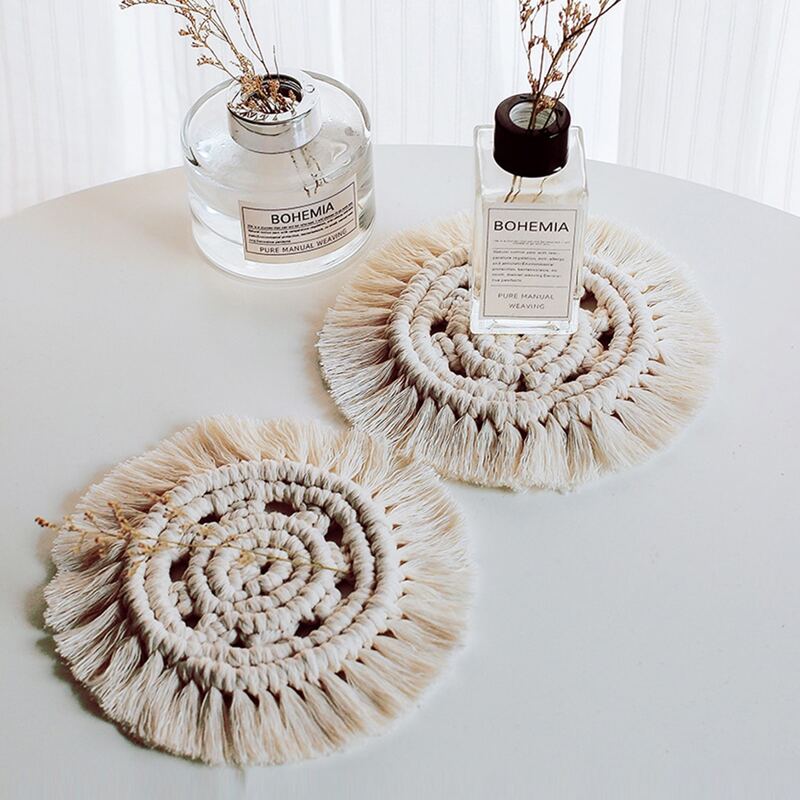 

1pc Braided Tassel Coaster, Beige