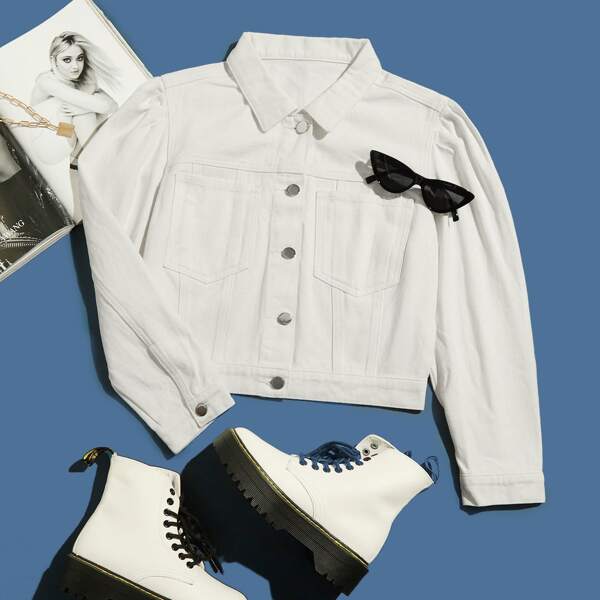 

Patch Pocket Button Front Denim Jacket, White