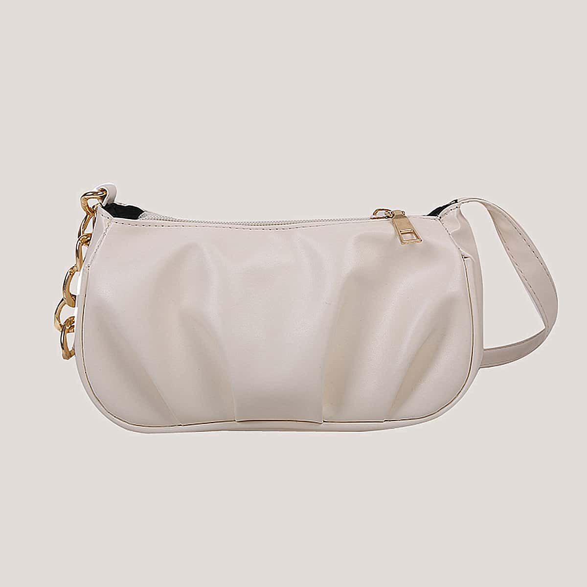 

Solid Ruched Baguette Bag, Beige