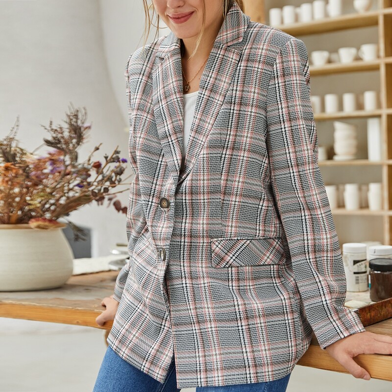 

Lapel Collar Flap Detail Plaid Blazer, Multicolor