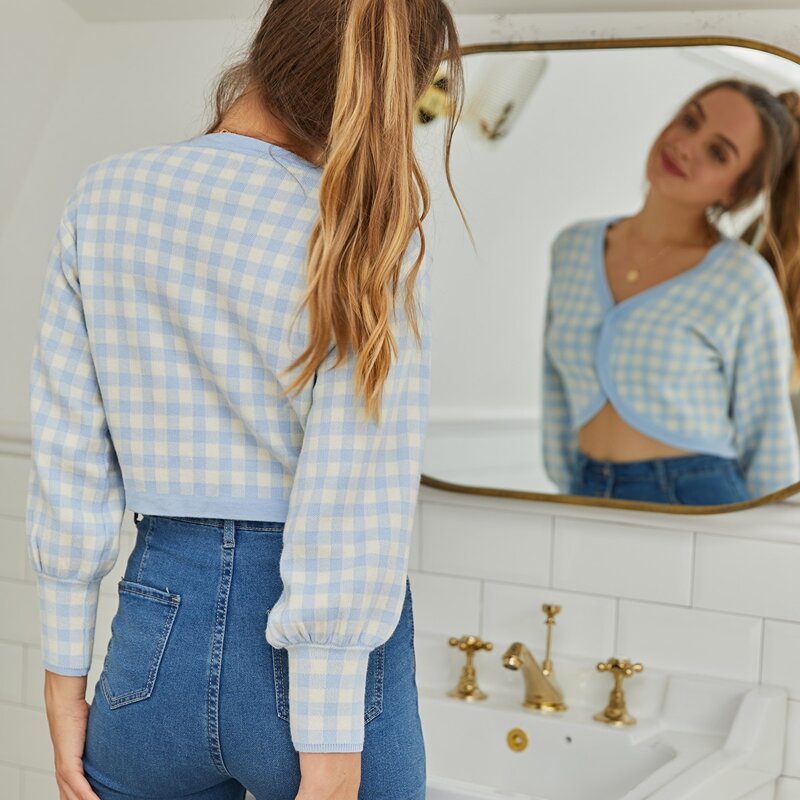 

V-neck Gingham Button Front Cardigan, Blue and white