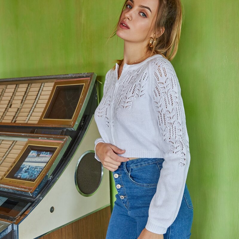 

Button Front Pointelle Knit Crop Cardigan, White