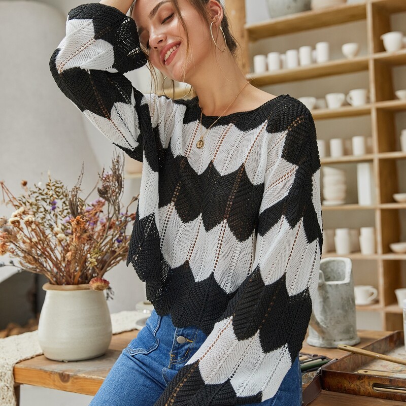 

Colorblock Pointelle Scalloped Sweater, Black and white