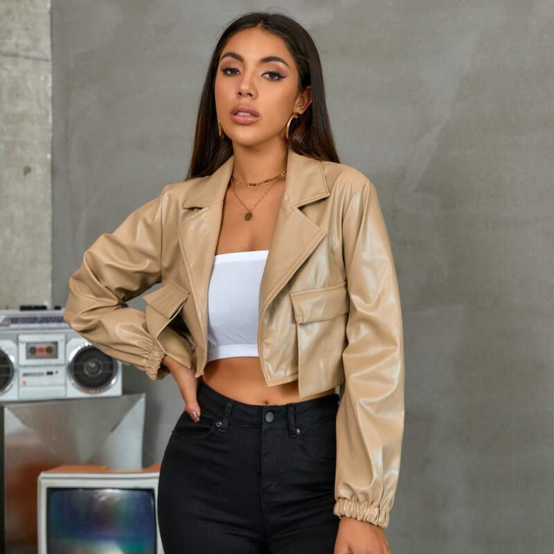 

Flap Pocket PU Leather Crop Blazer, Khaki
