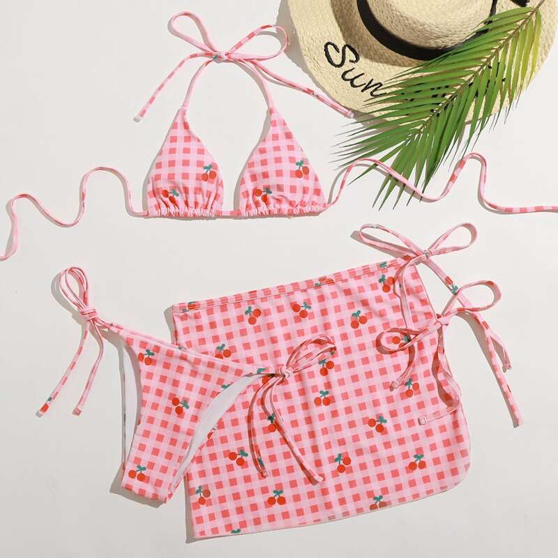 

3pack Gingham & Cherry Print Bikini Swimsuit & Beach Skirt, Pink