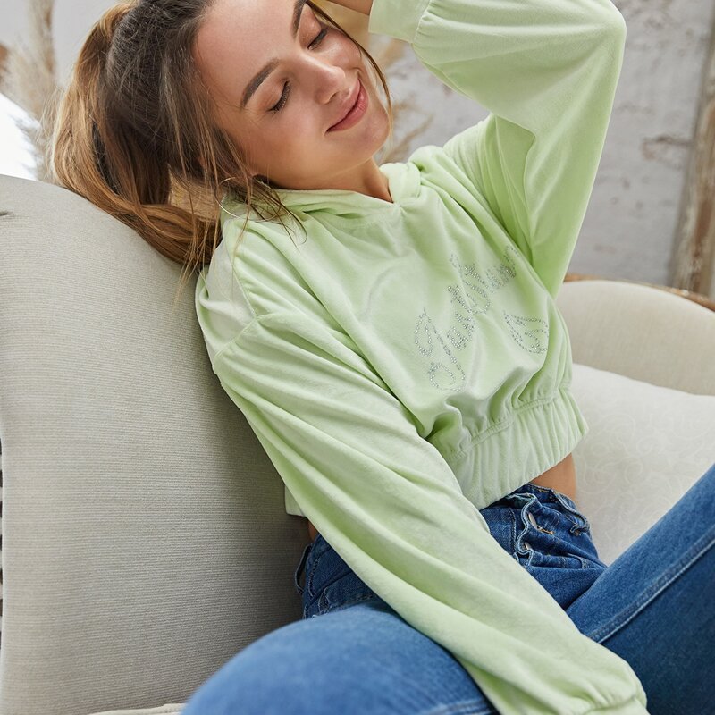 

Rhinestone Letter Graphic Crop Sweatshirt, Neon lime green