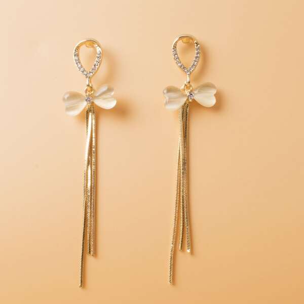 

Bow & Metal Tassel Decor Drop Earrings, Gold