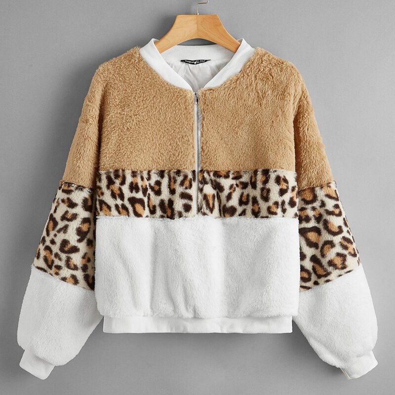 

Half Zip Colorblock Leopard Teddy Jacket, Multicolor