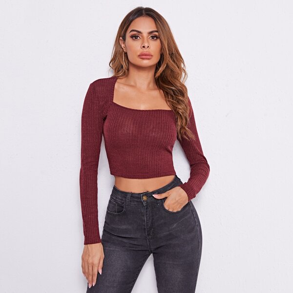 

Square Neck Rib-knit Top, Maroon