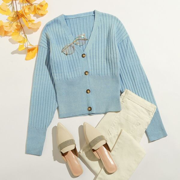 

Button Up Drop Shoulder Solid Cardigan, Baby blue