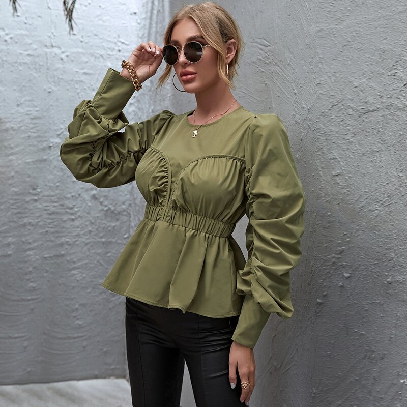 

Ruched Lantern Sleeve Zip Back Peplum Top, Olive green