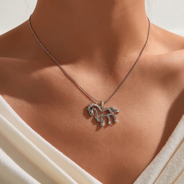 

Rhinestone Decor Horse Charm Necklace, Silver