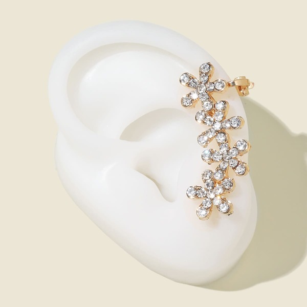 

1pc Rhinestone Decor Flower Design Ear Climber, Gold
