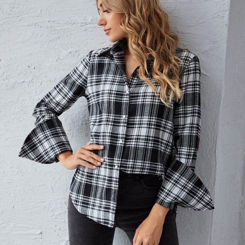 

Flounce Sleeve Plaid Blouse, Black and white