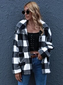 SHEIN LUNE Button Front Gingham Teddy Coat - Black and White - View 3