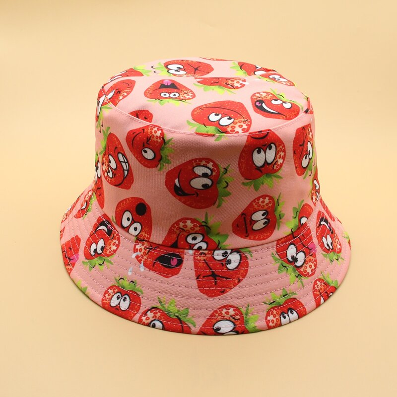 

Cartoon Strawberry Print Bucket Hat, Pink