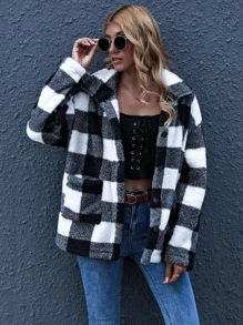 SHEIN LUNE Button Front Gingham Teddy Coat - Black and White - View 4