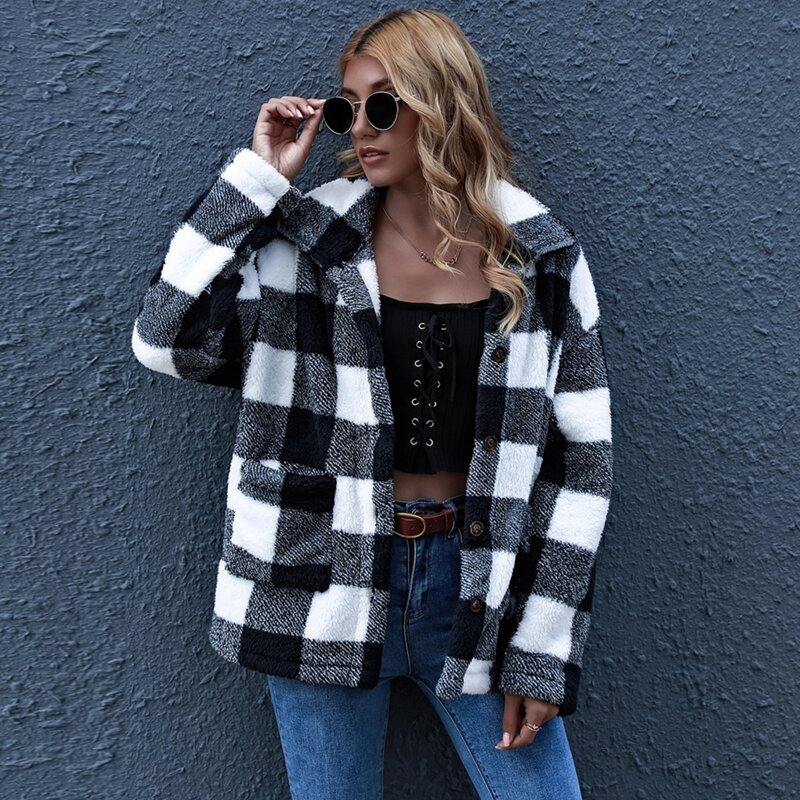 

Button Front Gingham Teddy Coat, Black and white