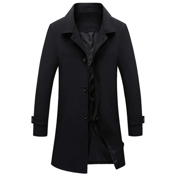 

Men Single Breasted Lapel Collar Slant Pocket Trench Coat, Black