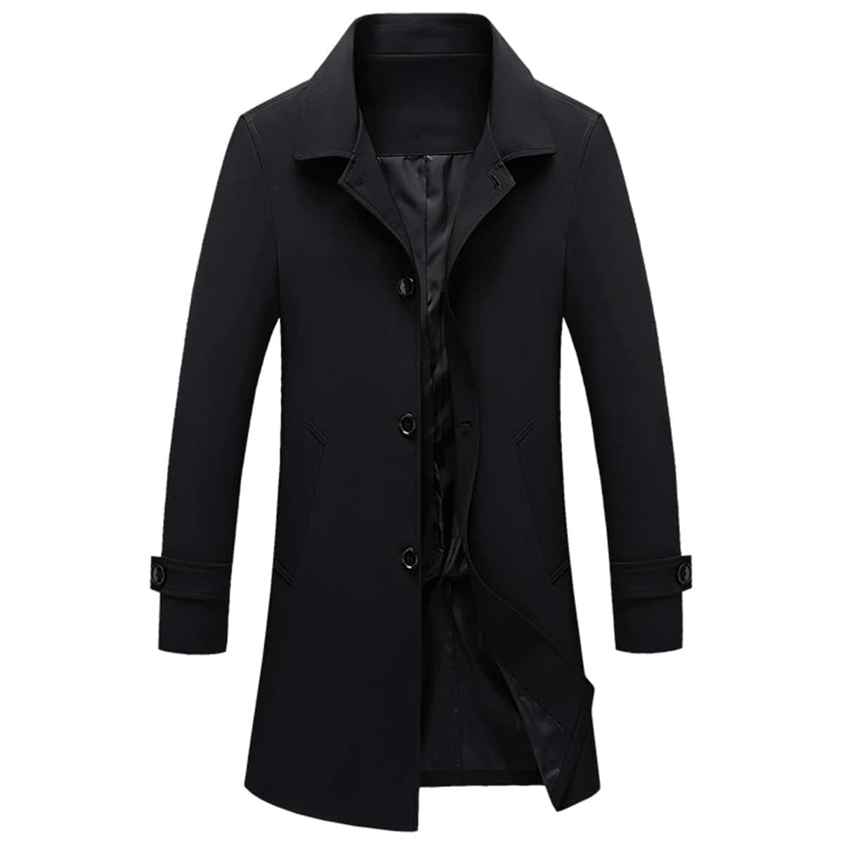 

Guys Single Breasted Lapel Collar Slant Pocket Trench Coat, Black