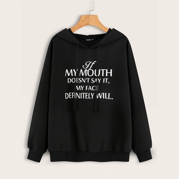 

Plus Slogan Graphic Drop Shoulder Drawstring Hoodie, Black