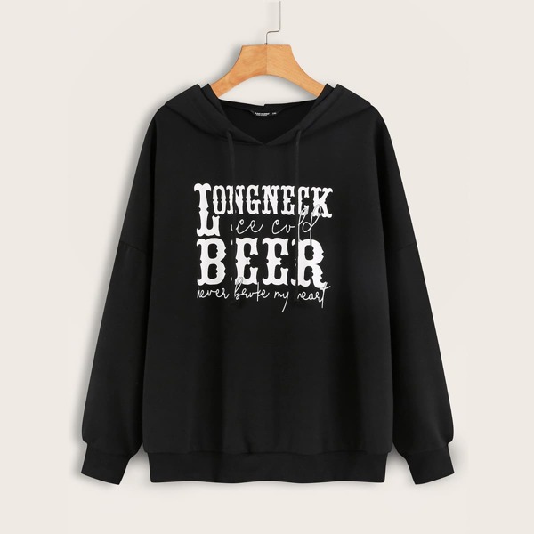 

Plus Slogan Graphic Drop Shoulder Drawstring Hoodie, Black