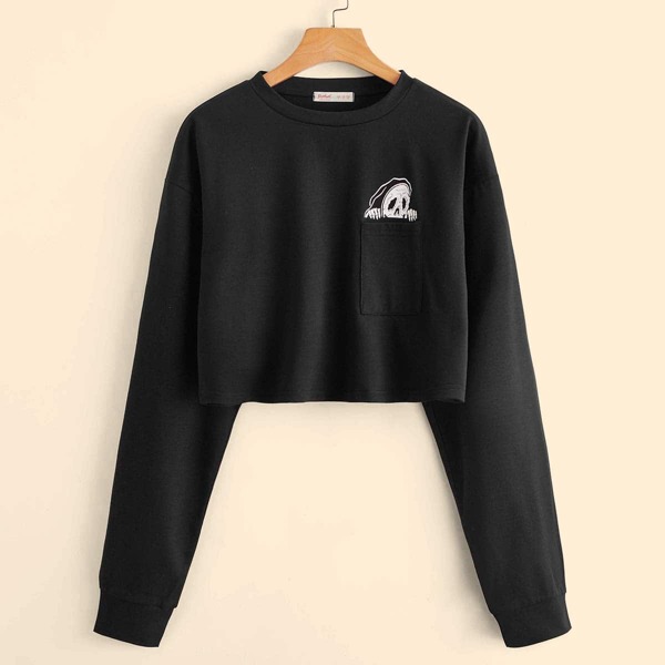 

Skull Graphic Pocket Crop Tee, Black
