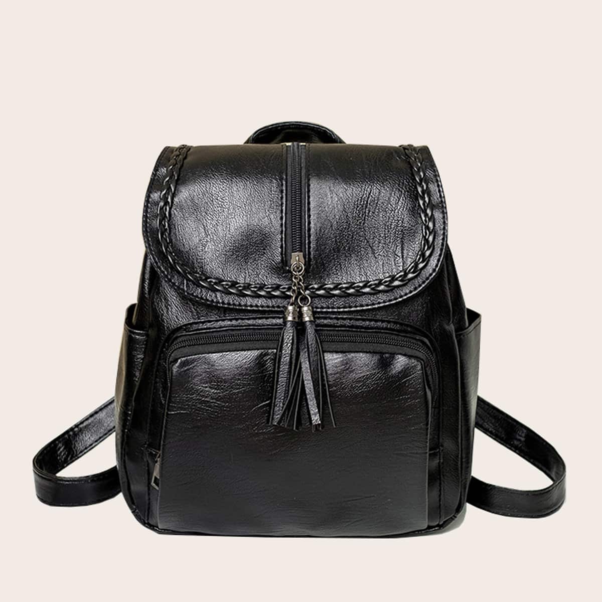 

Tassel Decor Flap Backpack, Black