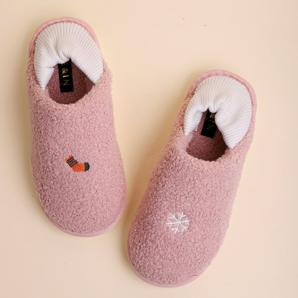 

Snowflake & Sock Embroidery Fluffy Slippers, Pink