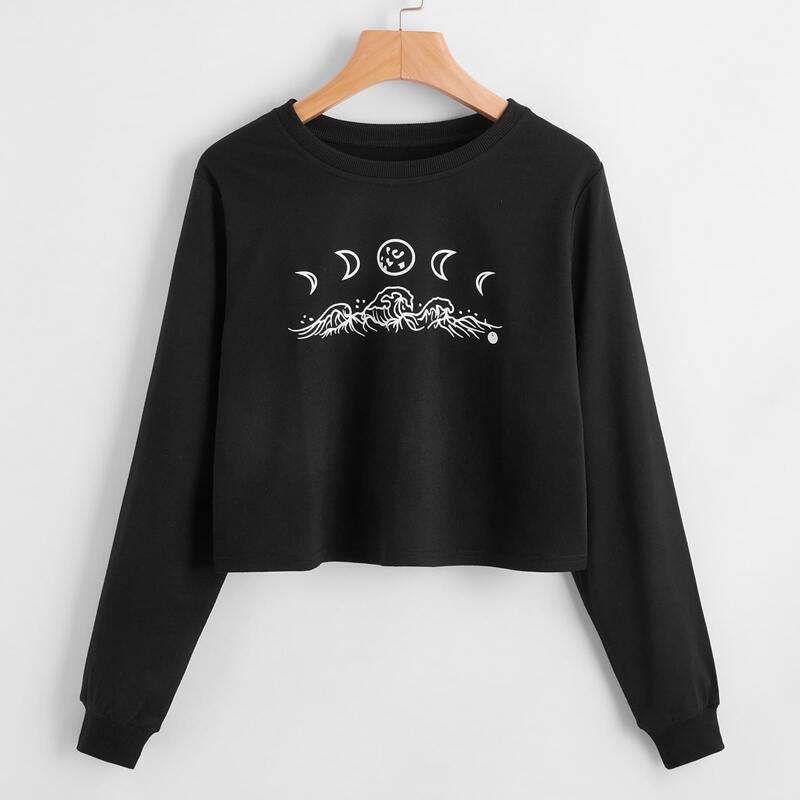 

Moon Graphic Crop Sweatshirt, Black