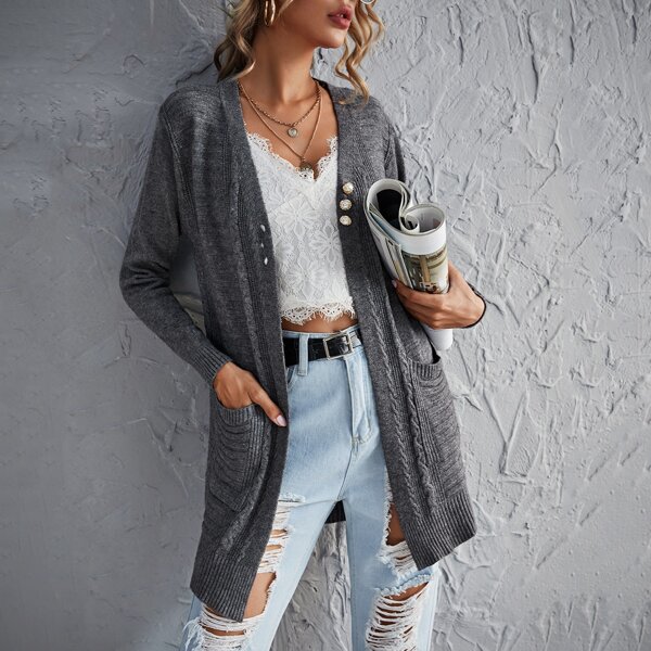 

Solid Dual Pocket Pearls Button Cardigan, Dark grey