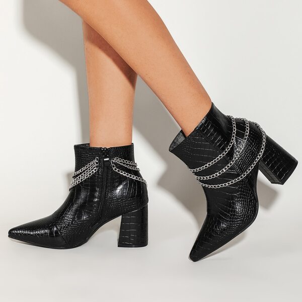 

Chain Decor Croc Embossed Ankle Boots, Black