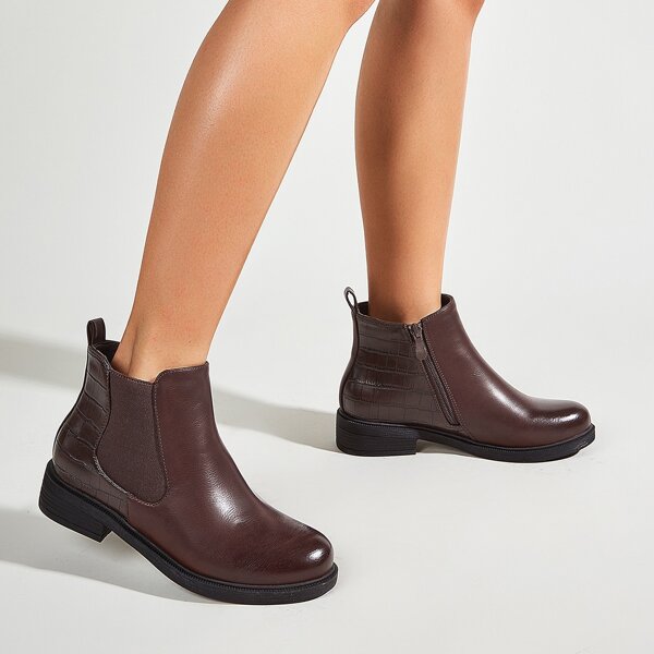 

Croc Embossed Side Zip Ankle Boots, Brown