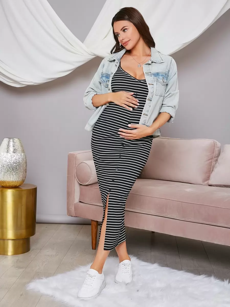MaterniWear Maternity Button Front Striped Dress - Black and White - View 1