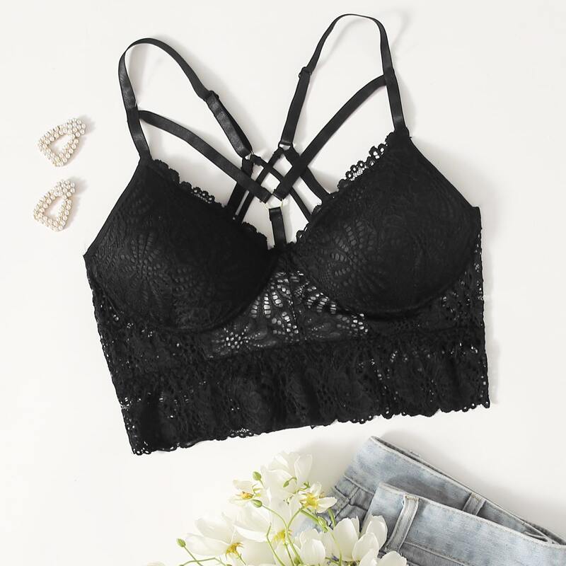 

Floral Lace Harness Bralette, Black