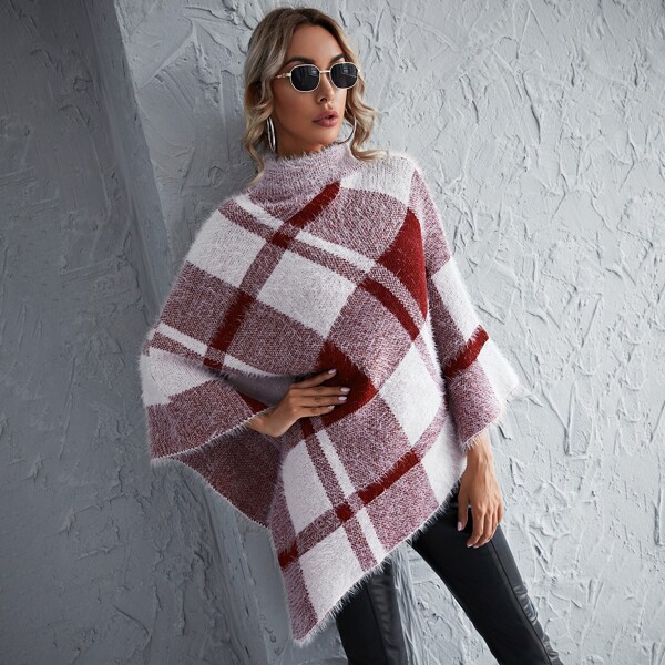 

Argyle Pattern Funnel Neck Poncho, Red and white