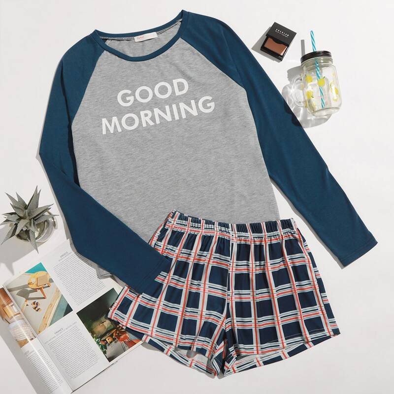 

Slogan & Plaid Graphic PJ Set, Multicolor