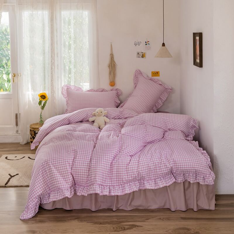 

Gingham Pattern Bedding Set Without Filler, Mauve purple