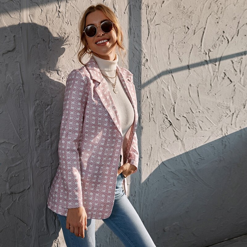 

Lapel Collar Allover Print Single Button Blazer, Dusty pink