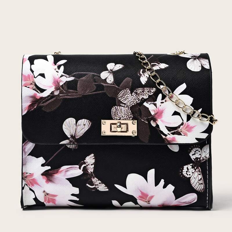 

Butterfly & Floral Chain Crossbody Bag, Black